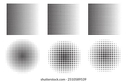 Set of black halftone dots backgrounds. Dotted gradient in round shape. Halftone gradient.