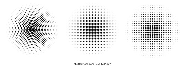 Conjunto de fondos de puntos de semitono negro. Vector de semitono de puntos modernos, Vector de conjunto de semitono de gradiente de estilo cómico de arte Pop aislado en patrón de puntos de fondo blanco. ilustración de Vector