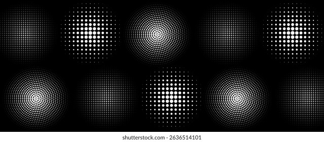 Set of black halftone dots backgrounds. vector modern dots halftone,Pop art comic style gradient circle halftone set Vector isolated on white background dots pattern.