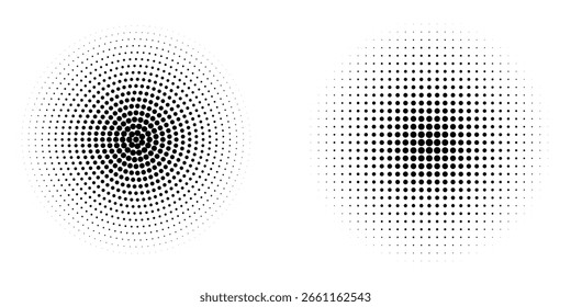 Conjunto de fondos de puntos de semitono negro. Vector de puntos modernos artes de semitono