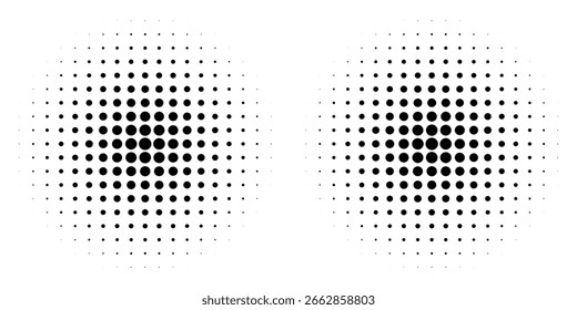 Conjunto de fondos de puntos de semitono negro. Vector de semitono de puntos modernos, estilo de cómic de arte Pop gradiente círculo semitono conjunto Vector aislado sobre fondo blanco patrón de puntos. eps 10