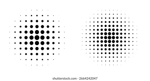 Conjunto de meio-tom preto pontos planos de fundo. vetor moderno pontos meio-tom, Pop art quadrinho estilo gradiente círculo meio-tom conjunto Vetor isolado em pontos de fundo branco.