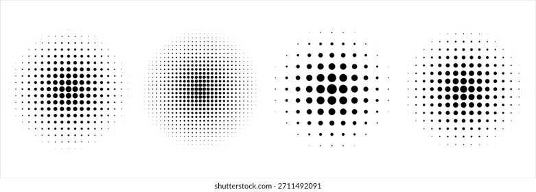 Conjunto de fondos de puntos de semitono negro. Vector de semitono de puntos modernos, Vector de conjunto de semitono de gradiente de estilo cómico de arte Pop aislado en puntos de fondo blanco.	