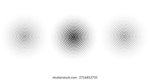 Conjunto de fondos de puntos de semitono negro. Vector de semitono de puntos modernos, Vector de conjunto de semitono de gradiente de estilo cómico de arte Pop aislado en puntos de fondo blanco.