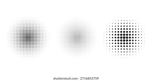 Conjunto de fondos de puntos de semitono negro. Vector de semitono de puntos modernos, Vector de conjunto de semitono de gradiente de estilo cómico de arte Pop aislado en puntos de fondo blanco.