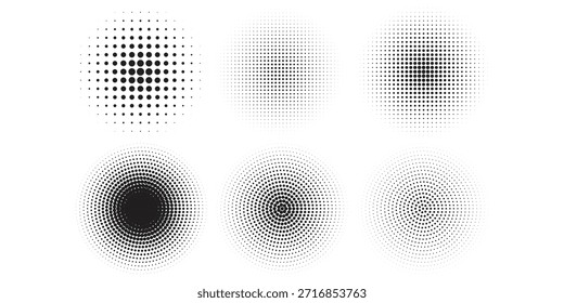 Conjunto de fondos de puntos de semitono negro. Vector de semitono de puntos modernos, Vector de conjunto de semitono de gradiente de estilo cómico de arte Pop aislado en puntos de fondo blanco.