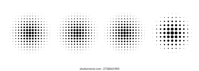 Conjunto de fondos de puntos de semitono negro Vector de semitono de puntos modernos, Vector de conjunto de semitonos de círculo de gradiente de estilo cómico de arte Pop aislado sobre fondo blanco