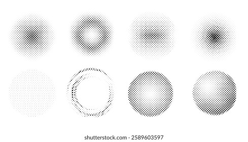 Set of black halftone dottted backgrounds. Modern abstract comic style halftone pattern in circle form.