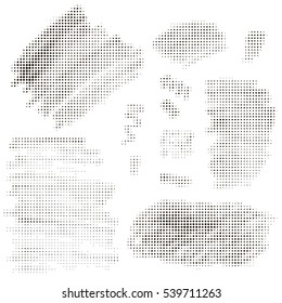 Set of black halftone elements, banners, textures isolated on white.  Dotted texture. Grunge dot elements. Vector illustration.