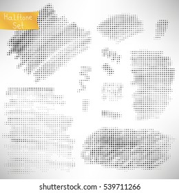 Set of black halftone elements, banners, textures isolated on white.  Dotted texture. Grunge dot elements. Vector illustration.