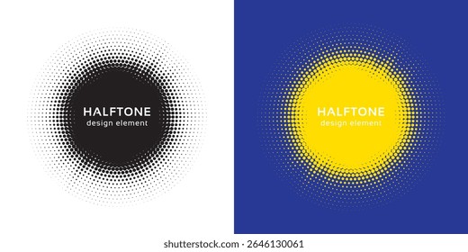 Set of black halftone grunge circle. Vector modern dots halftone arts. Halftone circle frame background set. Round border Icon using halftone random circle. Grunge circular stain. Vector illustration.