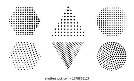 Set of black halftone on different shape. Pop art texture made of spots. Vector round dots gradient.