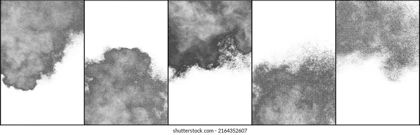 Set Of Black Halftone Texture On White Background. Modern Dotted Futuristic Backdrop. Fade Noise Overlay. Digitally Generated Image. Pop Art Style. Vector Illustration, Eps 10.