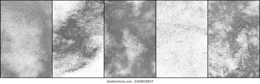 Set Of Black Halftone Texture On White Background. Modern Dotted Futuristic Backdrop. Fade Noise Overlay. Digitally Generated Image. Pop Art Style. Vector Illustration, Eps 10.