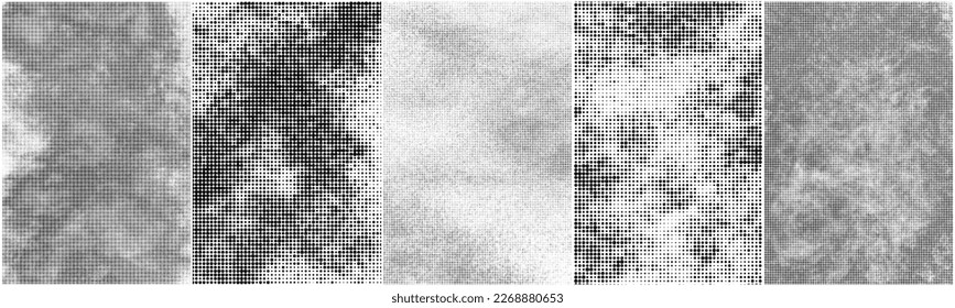 Set Of Black Halftone Texture On White Background. Modern Dotted Futuristic Backdrop. Fade Noise Overlay. Digitally Generated Image. Pop Art Style. Vector Illustration, Eps 10.