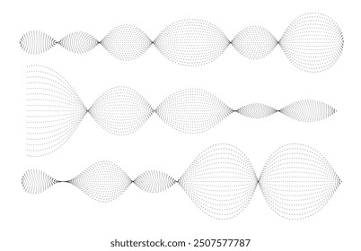 Set of black halftone waves on white background. Curve shape with small particles. Abstract liquid shapes, wave effect, dotted gradient, texture, sound wave. Digital equalizer. Vector collection