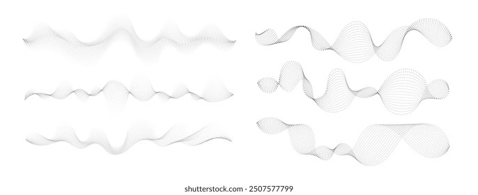 Set of black halftone waves on white background. Curve shape with small particles. Abstract liquid shapes, wave effect, dotted gradient, texture, sound wave. Digital equalizer. Vector collection