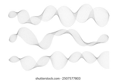 Set of black halftone waves on white background. Curve shape with small particles. Abstract liquid shapes, wave effect, dotted gradient, texture, sound wave. Digital equalizer. Vector collection