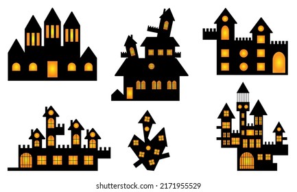 set of black halloween houses