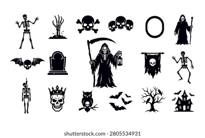 A set of black halloween icons including skeletons, skulls, bats, and a grim reaper, presented as a distinctive silhouette style.