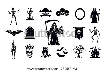 A set of black halloween icons including skeletons, skulls, bats, and a grim reaper, presented as a distinctive silhouette style.