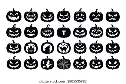 A set of black halloween icons and pumpkin silhouettes against a white background, featuring spooky designs and classic symbols.