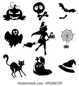 Set of black Halloween icons-silhouettes
