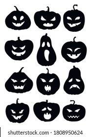 Set of black halloween pumpkins of different shapes with scary faces. Vector illustration.