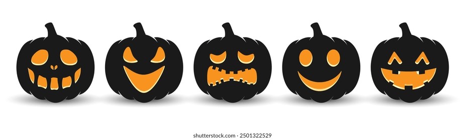 Conjunto negro de calabazas de Halloween con caras talladas siniestras sobre un fondo blanco. Calabazas tiene una expresión única, creando un ambiente festivo y espeluznante. Ilustración vectorial.