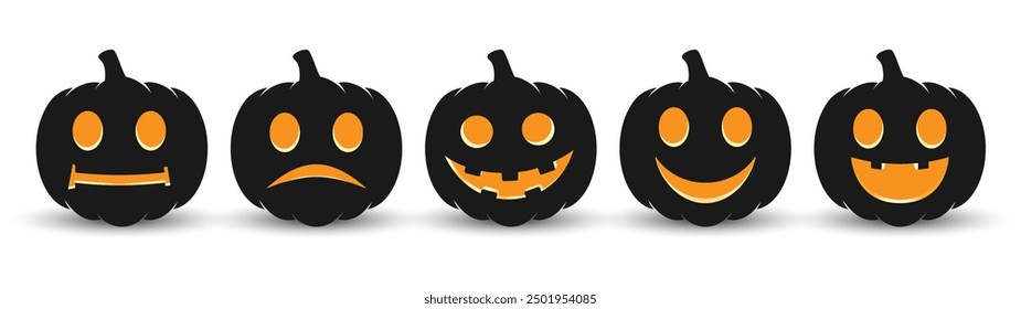 Set black of Halloween pumpkins with sinister carved faces on a white background. Pumpkins has a unique expression, creating a festive and creepy atmosphere. Vector illustration.