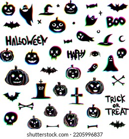 Set of Black Halloween Pumpkuns, Ghosts, Skulls, Bones with Neon Edges and Optical Illusion