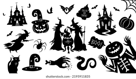 Set of black Halloween silhouettes. Collection of Halloween themed items in black bold graphic style with witches, pumpkins, scary characters. Vector illustration isolated on white