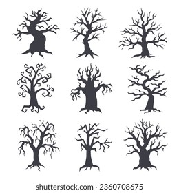 Set of black Halloween trees. Halloween concept.	