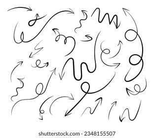 Conjunto de flechas de dibujo a mano negra garabateando. Iconos vectoriales de marcas de flecha dibujadas a mano