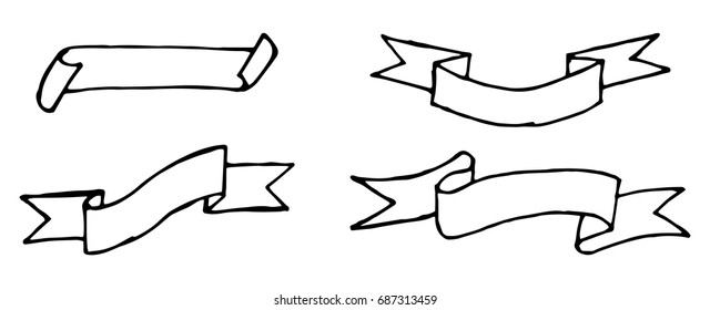 Set of black hand drawing in award or greeting ribbon on white background (Vector)