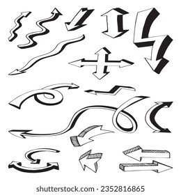 Set of black hand drawn 3D arrows isolated on white background. Mark, icons, vector illustration