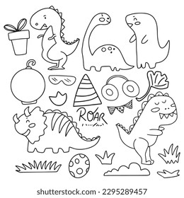 Set of black hand drawn adorable jurassic park animal element