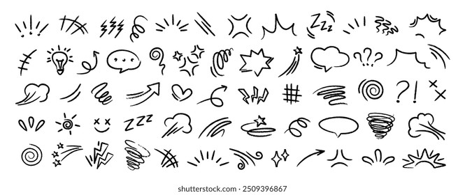 Set of black hand drawn anime manga doodle grunge line elements curved charcoal, chalk arrows, speech bubble, abstract shapes, graphic effects for character emotion. Scribble stroke symbols vector 