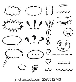 Set of black hand drawn anime manga line elements, curved, with arrows, speech bubble, heart, dollar sign, smiley, abstract shapes