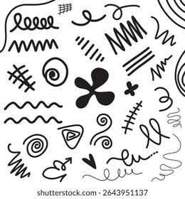 Set of black hand drawn anime manga doodle grunge line elements curved charcoal, chalk arrows, abstract shapes, graphic effects for character emotion. Scribble stroke symbols vector 