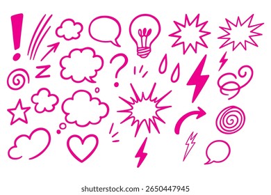 Set of black hand drawn anime manga doodle grunge line elements curved charcoal, chalk arrows, speech bubble, abstract shapes, graphic effects for character emotion. Scribble stroke symbols vector