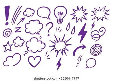 Set of black hand drawn anime manga doodle grunge line elements curved charcoal, chalk arrows, speech bubble, abstract shapes, graphic effects for character emotion. Scribble stroke symbols vector