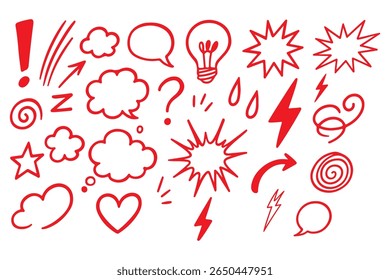 Set of black hand drawn anime manga doodle grunge line elements curved charcoal, chalk arrows, speech bubble, abstract shapes, graphic effects for character emotion. Scribble stroke symbols vector