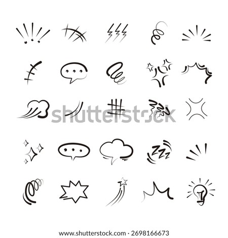 Set of black hand drawn anime manga doodle grunge line elements curved charcoal, chalk arrows, speech bubble, abstract shapes, graphic effects for character emotion. Scribble stroke symbols vector. 