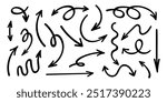 Set of black hand drawn arrow icons. Curved doodle style pointers. Swipe, downward and loop direction signs painted by pen, brush or pencil isolated on white background. Vector graphic illustration.