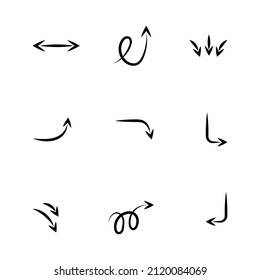 Set of black hand drawn arrow element vector. Collection of doodle arrows, lines, symbol, pointing mark, shapes on white background. Simple icon illustration for education, decoration, map.