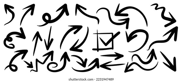 Set of black hand drawn arrow lines vector on white background. Doodle style, curve, wavy, arrows, cursor Icon, pointers collection, back, signs, direction. Design illustration for sticker, comic.