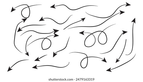 Set of black hand drawn arrow element vector. Collection of scribble doodle arrows, lines, symbol, pointing mark, shapes on white background. Simple icon illustration for education, decoration, map.