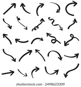 Set of black hand drawn arrow element vector. Collection of doodle arrows, lines, symbol, pointing mark, shapes on white background. Simple icon illustration for education, decoration, map. EPS 10