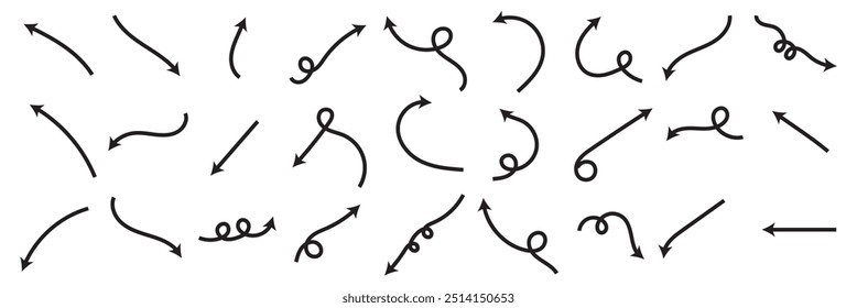 Conjunto de Vector de elemento de flecha dibujado a mano negro. Colección de las flechas del doodle, líneas, símbolo, marca que apunta, Formas en el fondo blanco. Ilustración de icono simple para la educación, decoración, mapa.